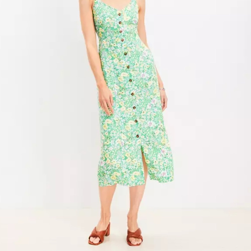Loft- Petite Floral Crossover Back Button Midi Dress